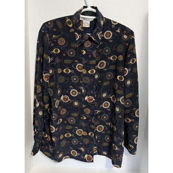 Vintage Shirt Blouse Women’s 10 Blue Clocks Design Retro Essentials - Picture 1 of 10